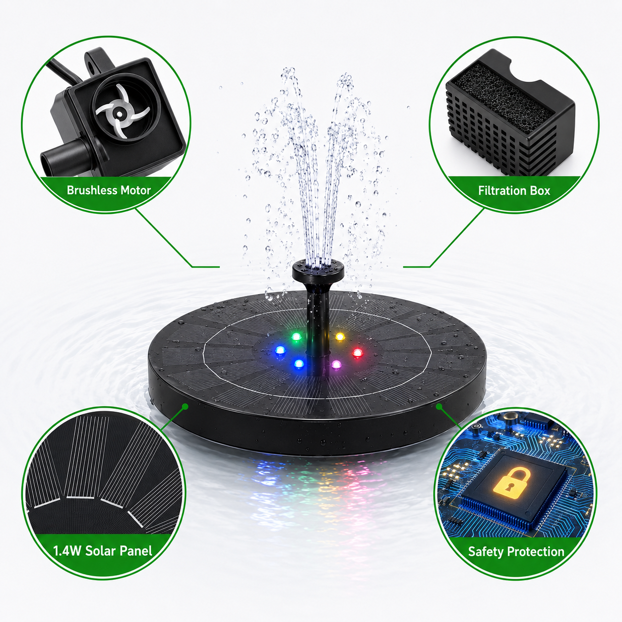 Solar Fountain Pump with LED Lights